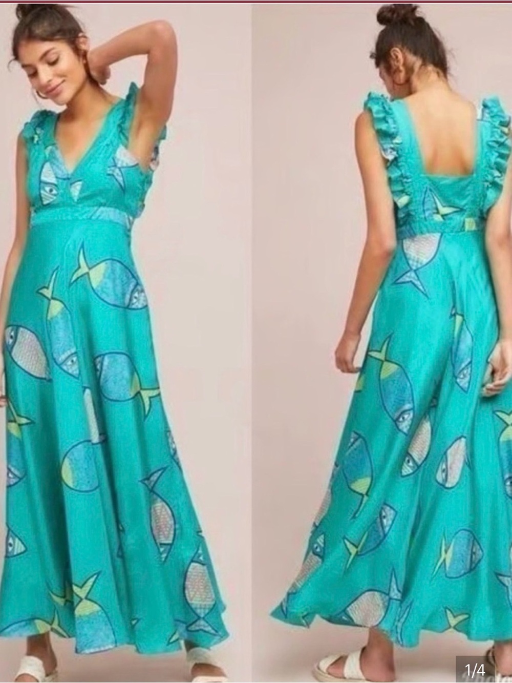Anupamaa Silk Turquoise Fish-Print Ruffle Maxi Dress